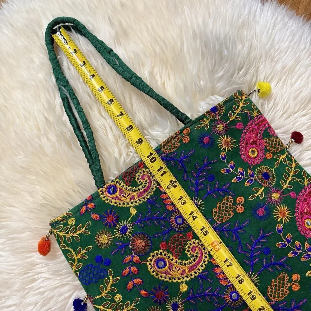 Artisan Boho Colorful Embroidered Silk Felted Floral Paisley Tote Shopping Bag